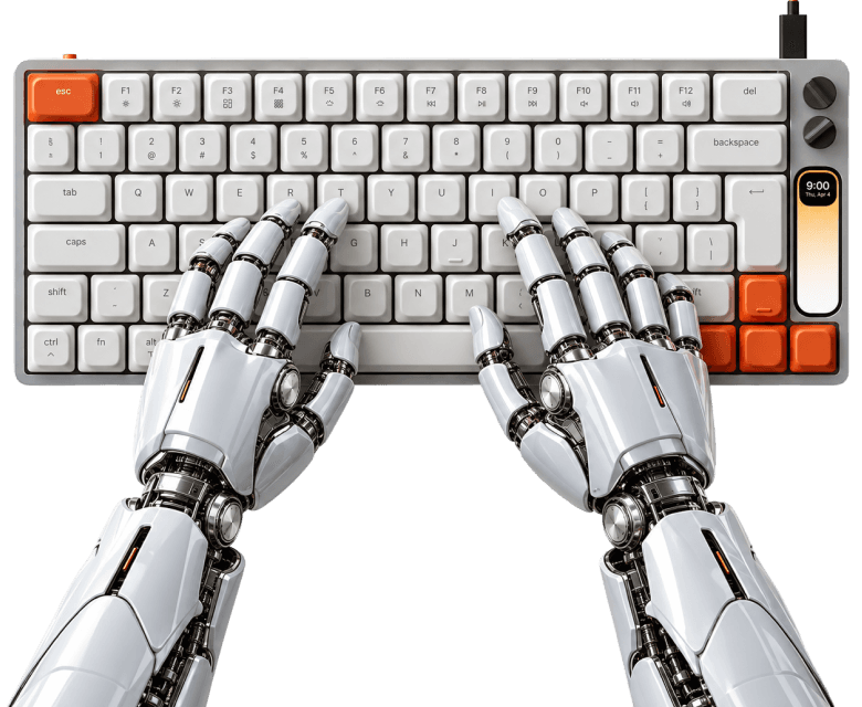 Manos robóticas escribiendo en un teclado: automatización de procesos