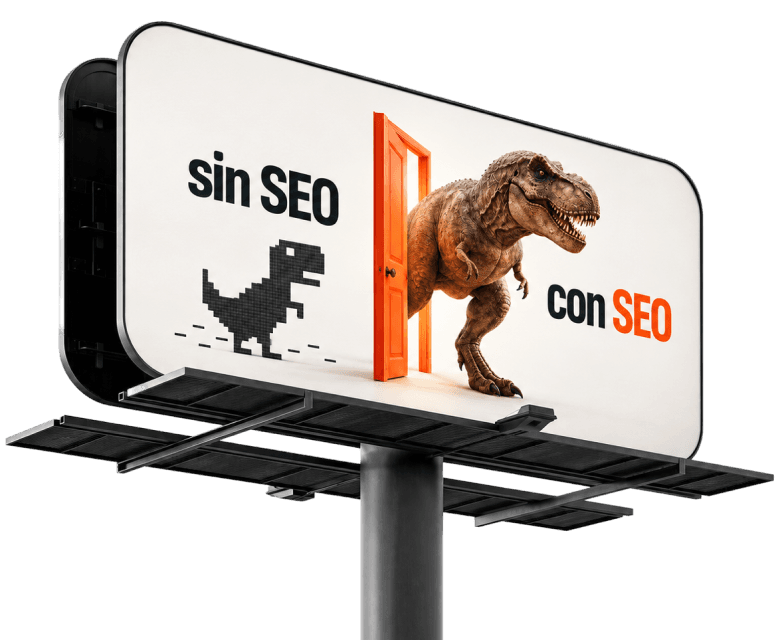 Valla publicitaria: un dinosaurio pixelado «sin SEO» frente a un tiranosaurio «con SEO»